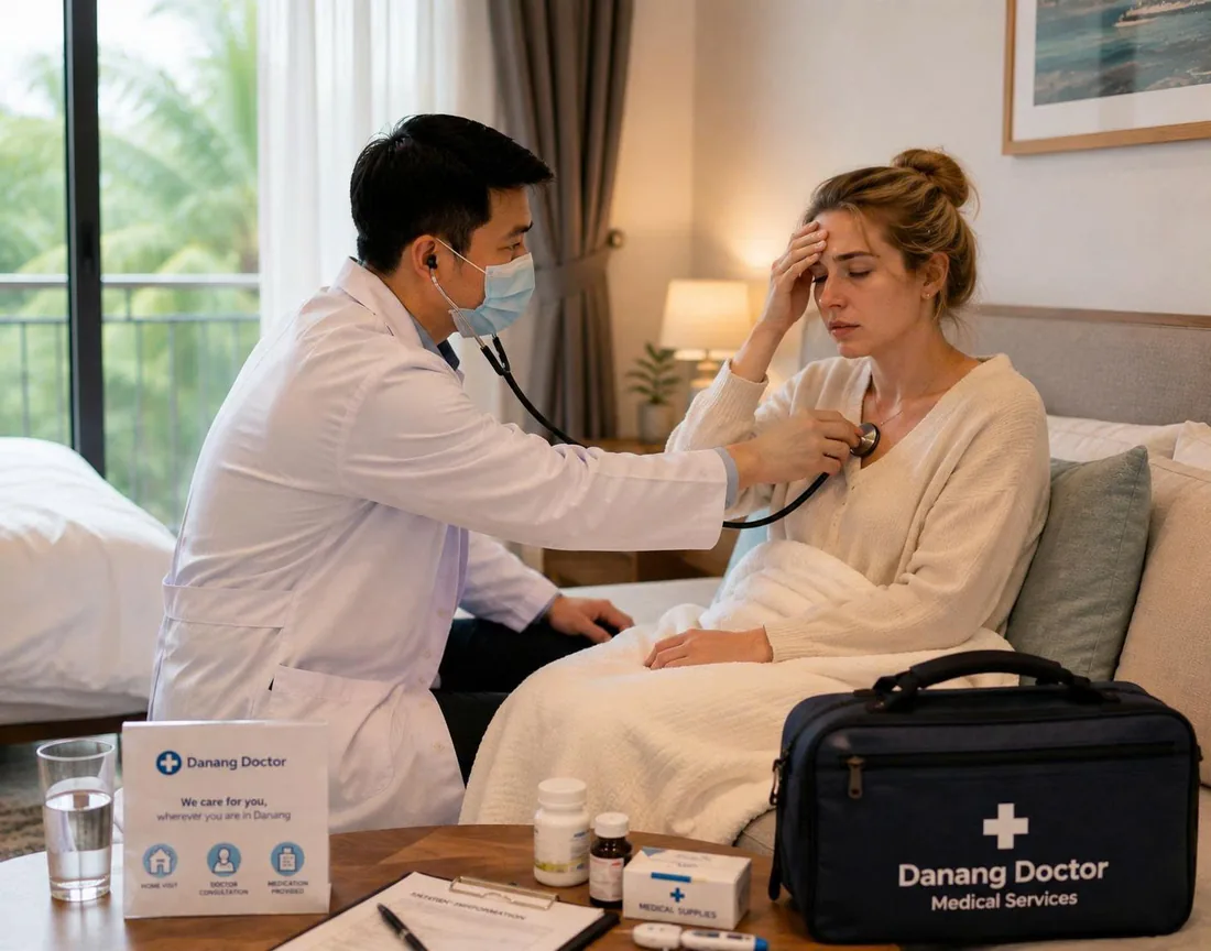 A Danang Doctor physician examining a traveller in her hotel room